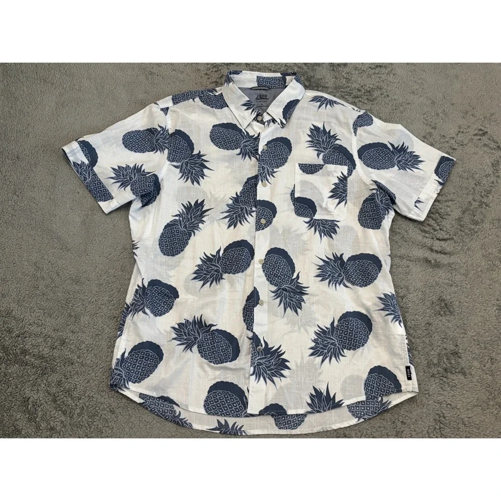 Izod Saltwater Hawaiian Shirt Mens XL White Blue Pineapple Relaxed Coastal